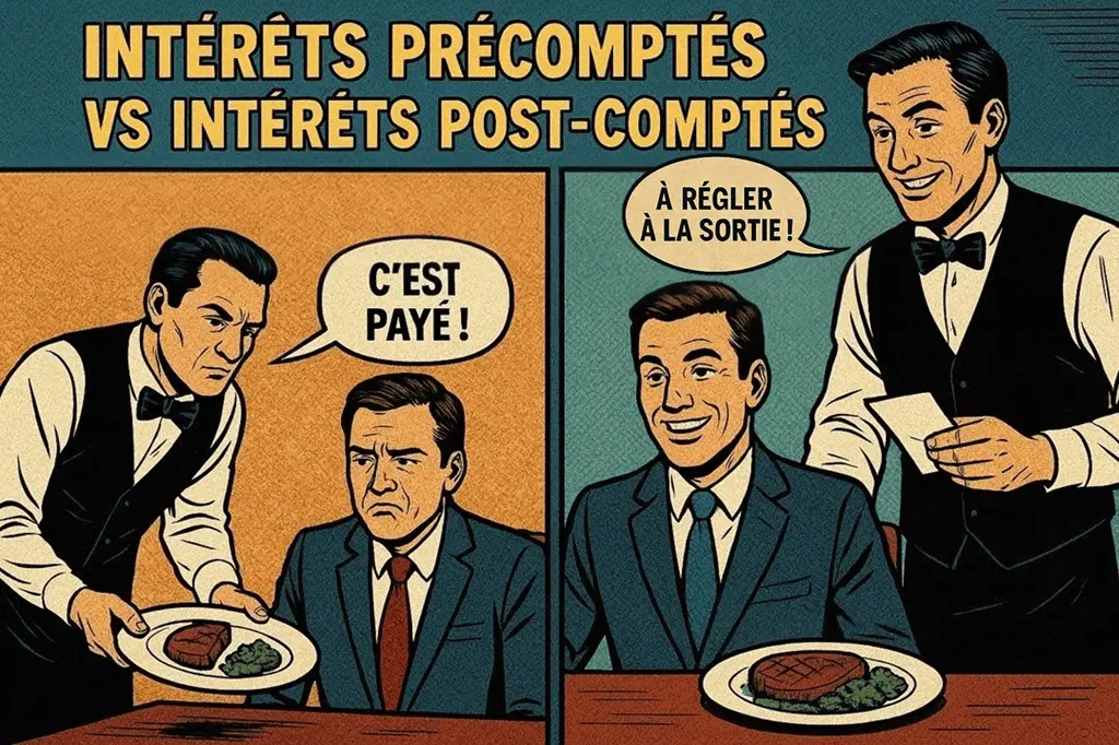 Intérêts précomptés VS Intérêts post-comptés - Version Readingsphere.com (Image générée par l'IA)